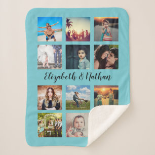 Aangepast 12 Vriendenfamilie Foto Collage Aqua Blu Sherpa Deken