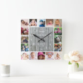 Aangepast 16 Foto Collage Rustic Gray Wood Vierkante Klok (Huis)