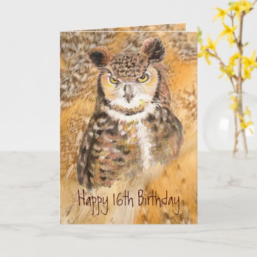 Aangepast 16e verjaardag, Owl Wilde & Crazy Kaart (Gele Bloem)