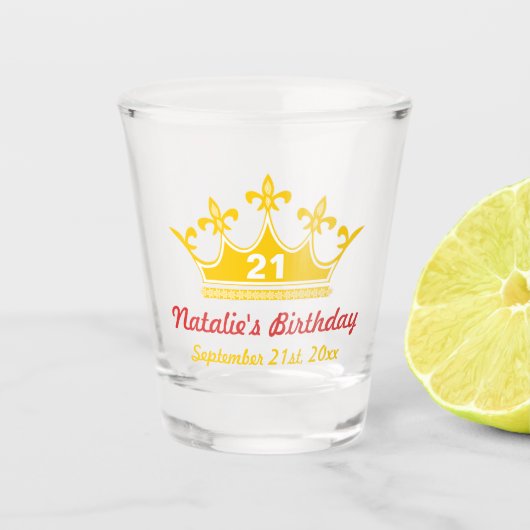 Aangepast 21e bruisglas op zaterdag met gouden kro shot glas (Voorkant)