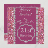 Aangepast 21ST PINK BLING Birthday Invitation Kaart (Voorkant / Achterkant)