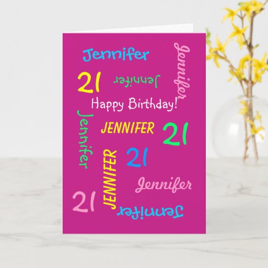 Aangepast 21ste verjaardag Kaart Alle namen, roze, (Gele Bloem)
