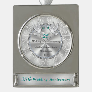 Aangepast 25e Jubileum kerstversiering voor bruilo Verzilverd Banner Ornament