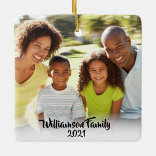 Aangepast 2 Foto 2 Sided Family Photo Black Script Keramisch Ornament