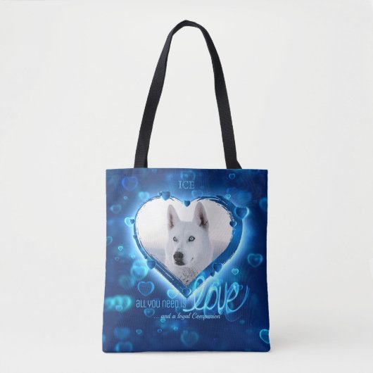 Aangepast 2 foto, Pet Love Tribution Blue Neon Hea Tote Bag (Voorkant)