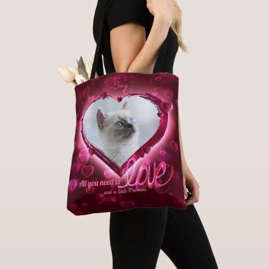 Aangepast 2 foto, Pet Love Tribution Red Neon Hear Tote Bag (Dichtbij)