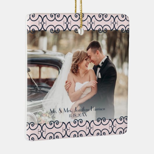 Aangepast 2 Foto Roos Gold Navy Elegant Wedding Keramisch Ornament (Rechts)