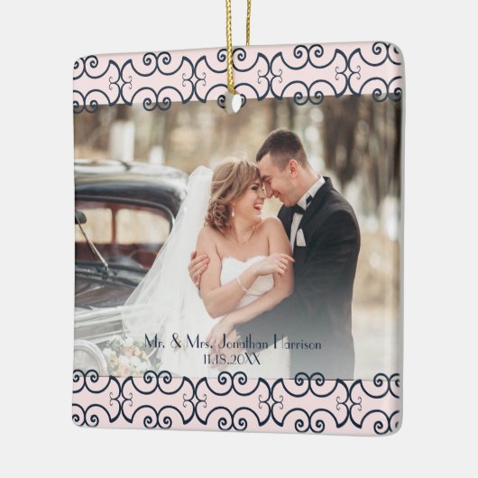 Aangepast 2 Foto Roos Gold Navy Elegant Wedding Keramisch Ornament (Links)