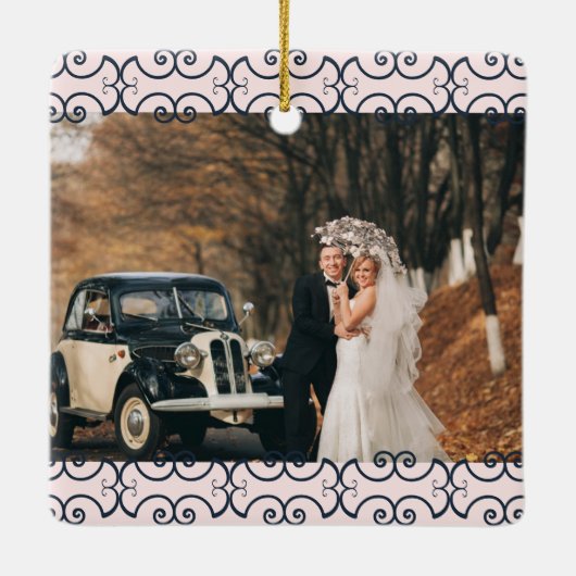 Aangepast 2 Foto Roos Gold Navy Elegant Wedding Keramisch Ornament (Achterkant)