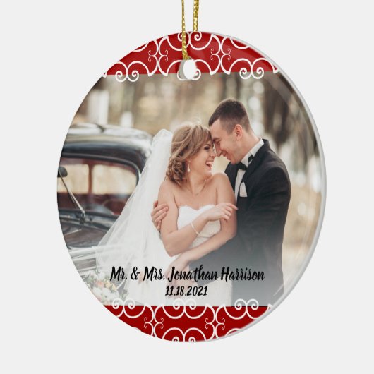 Aangepast 2 Rood Witte Legant 2 Fotobruiloft Keramisch Ornament (Links)
