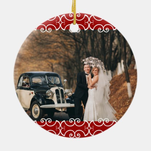 Aangepast 2 Rood Witte Legant 2 Fotobruiloft Keramisch Ornament (Achterkant)