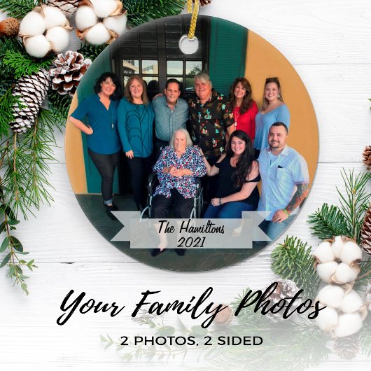 Aangepast 2-zijdig eenvoudig kerstfeest met foto's keramisch ornament