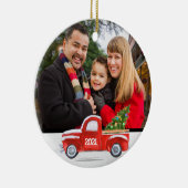 Aangepast, 2-zijdig, foto Red Truck-kerstkaart Keramisch Ornament (Rechts)