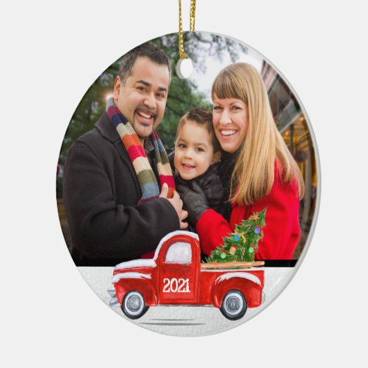 Aangepast, 2-zijdig, foto Red Truck-kerstkaart Keramisch Ornament (Links)