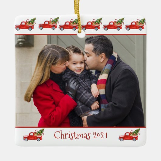 Aangepast, 2-zijdig, foto Red Truck-Kerstmis met f Keramisch Ornament (Voorkant)
