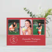 Aangepast 3 Foto Chic Emblem Red Graduparty Kaart (Staand voorkant)