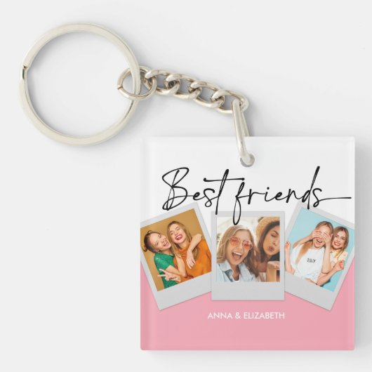 Aangepast 3 Foto Collage Cute Simple Pink BFF Sleutelhanger (voorkant)
