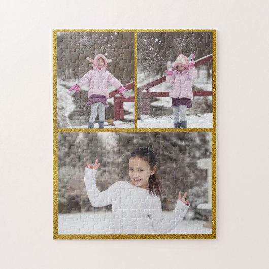 Aangepast / 3 Foto Collage Gold Glitter Metallic Legpuzzel (Verticaal)
