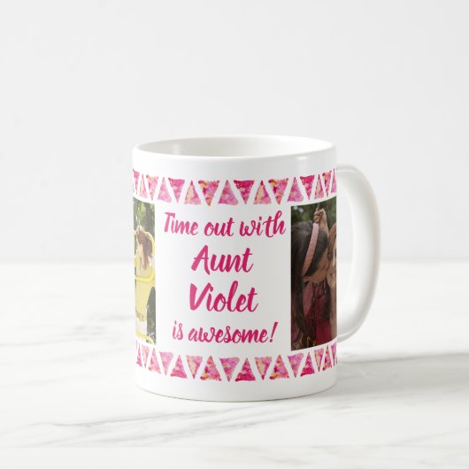 Aangepast 3 foto's en tekst - Roze Waterverf grenz Koffiemok (Voorkant rechts)