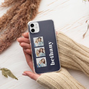 Aangepast 3-foto's met zwarte monogram, donkerblau Case-Mate iPhone case