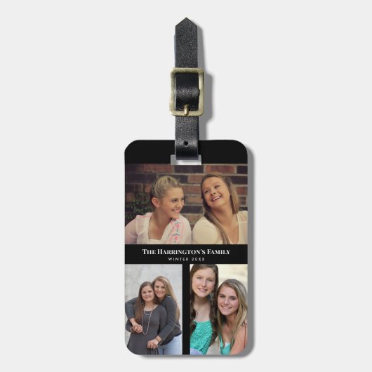 Aangepast 3 secties Familie Foto Collage Black Lij Bagagelabel (Voorkant verticaal)