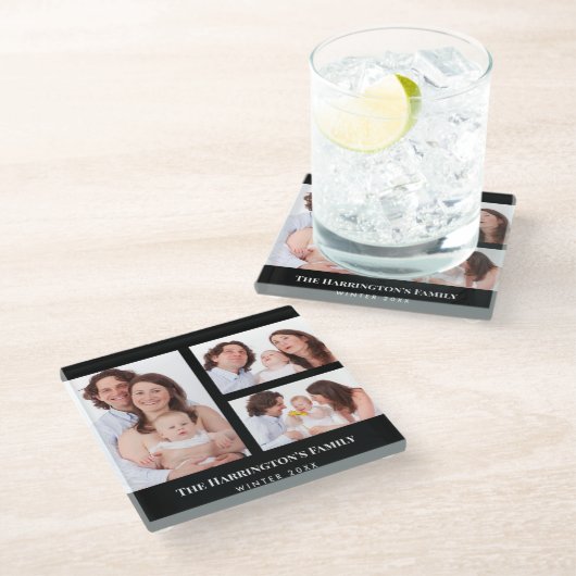 Aangepast 3 secties Familie Foto Collage Black Lij Glazen Onderzetter (Schuin)