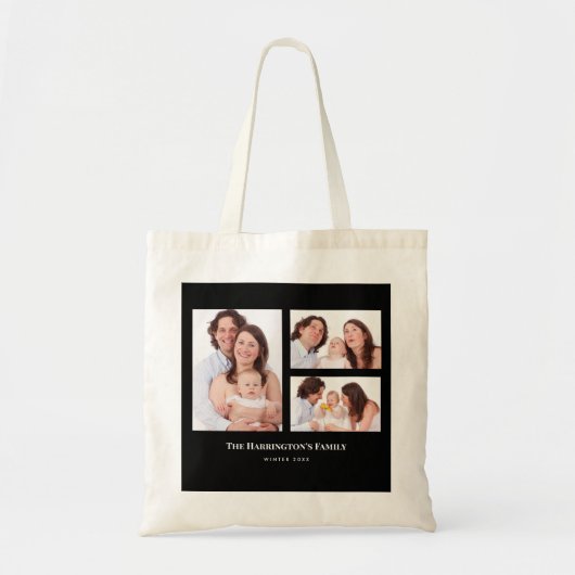 Aangepast 3 secties Familie Foto Collage Black Lij Tote Bag (Voorkant)