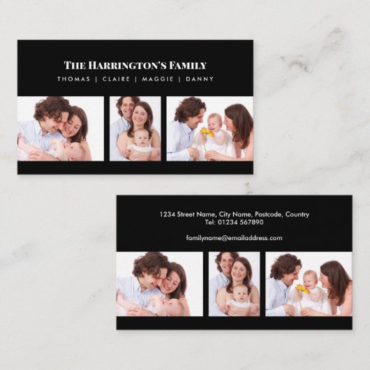 Aangepast 3 secties Familie Foto Collage Black Lij Visitekaartje (Voorkant / Achterkant)