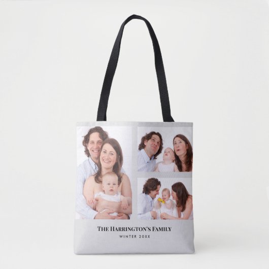 Aangepast 3 Secties Familie Foto's Collage Gray Li Tote Bag (Voorkant)