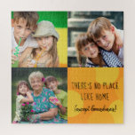 Aangepast 3 vierkant fotocollage Geen plaats zoals Legpuzzel<br><div class="desc">De gepersonaliseerde puzzel van de puzzel met 3 van uw favoriete foto's en optie om de tekst uit te geven. De tekst luidt: "Er is geen plek zoals thuis (behalve oma's)" en u kunt dit bewerken om bijvoorbeeld Nana of Mimi te lezen. Het fotomalplaatje is ook opstelling klaar voor u...</div>