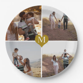 Aangepast 4 Foto Collage Gold Heart Monogrammen Papieren Bordje