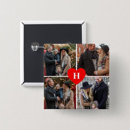 Aangepast 4 Foto Collage Red Heart Monogram Button (Voorkant /achterkant)