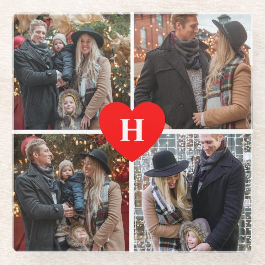 Aangepast 4 foto-collage rood hart monogrammen glazen onderzetter (Voorkant)
