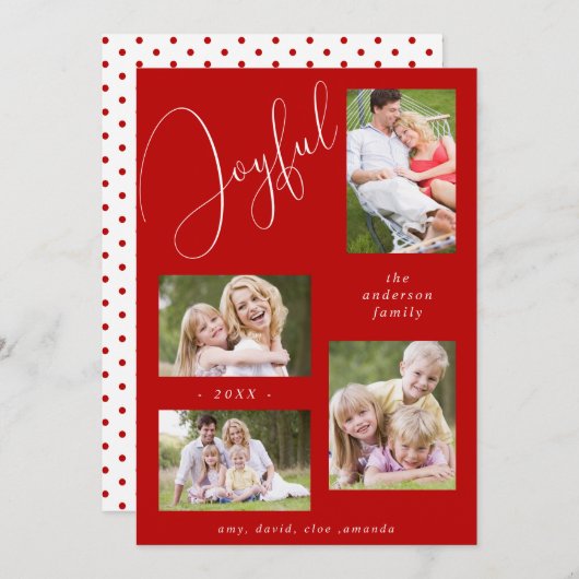 Aangepast 4 Foto grafisch script Joyful Red Feestdagenkaart (Voorkant / Achterkant)