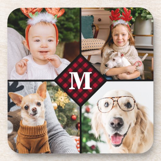 Aangepast 4 foto-monogram rood buffel bier onderzetter (Voorkant)