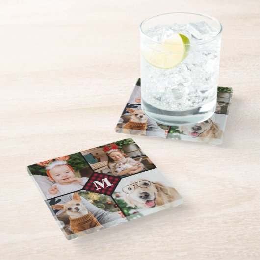 Aangepast 4 foto-monogram rood buffel glazen onderzetter (Schuin)