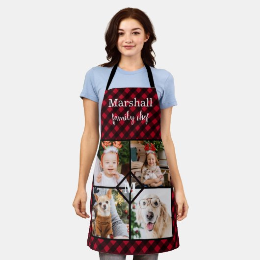Aangepast 4 foto-monogram rood buffel schort (Gedragen)