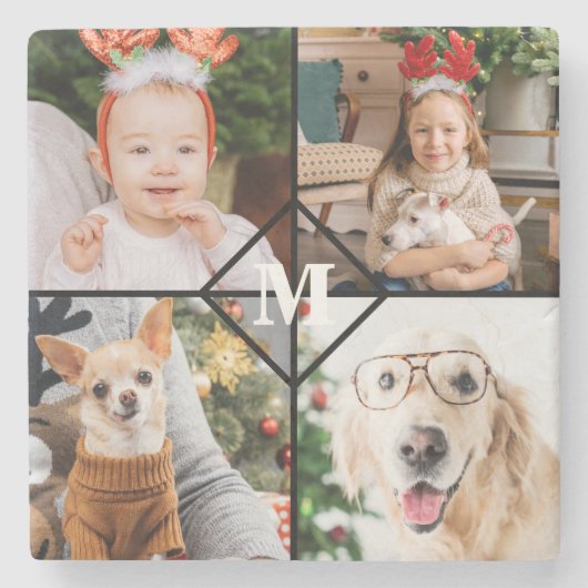 Aangepast 4 foto-monogram rood buffel stenen onderzetter (Voorkant)