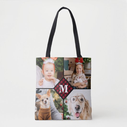 Aangepast 4 foto-monogram rood buffel tote bag (Voorkant)
