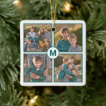 Aangepast 4 fotocollage met Blauwgroen monogram Keramisch Ornament<br><div class="desc">Creëer uw eigen fotocollage met 4 afbeeldingen in een vierkant raster elk met dunne blauw-groene randen op een witte achtergrond. Een witte cirkel met een blauwgroen grens overlapt de hoeken van de foto's in het centrum en kenmerkt uw monogram in een vette blauwgroen doopvont. Voeg je initiaal en foto's toe...</div>