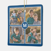 Aangepast 4 fotocollage met monogram op blauw keramisch ornament (Links)