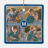 Aangepast 4 fotocollage met monogram op blauw keramisch ornament (Achterkant)