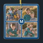 Aangepast 4 fotocollage met monogram op blauw keramisch ornament<br><div class="desc">Creëer uw eigen fotocollage met 4 afbeeldingen in een vierkant raster elk met dunne witte randen op een blauwe achtergrond. Een blauwe cirkel met een witte grens overlapt de hoeken van de foto's in het centrum en kenmerkt uw monogram in een gewaagde witte doopvont. Voeg je initiaal en foto's toe...</div>