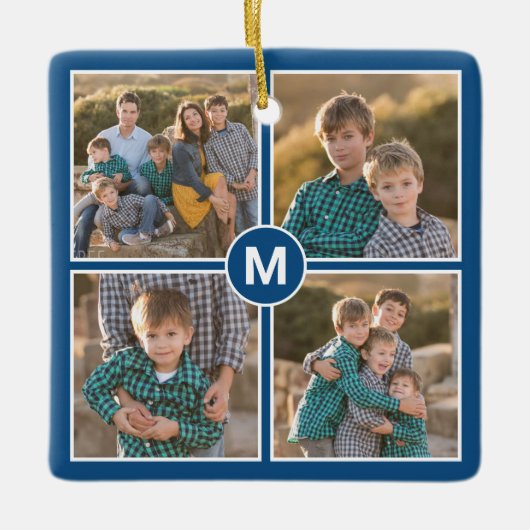 Aangepast 4 fotocollage met monogram op blauw keramisch ornament (Voorkant)