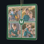 Aangepast 4 fotocollage met monogram op groen keramisch ornament<br><div class="desc">Creëer uw eigen fotocollage met 4 afbeeldingen in een vierkant raster elk met dunne witte randen op een groene achtergrond. Een groene cirkel met een witte grens overlapt de hoeken van de foto's in het centrum en kenmerkt uw monogram in een vette witte doopvont. Voeg je initiaal en foto's toe...</div>