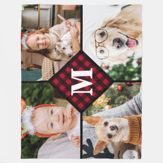 Aangepast 4 fotocollage rood speldenmonogram fleece deken (Voorkant)