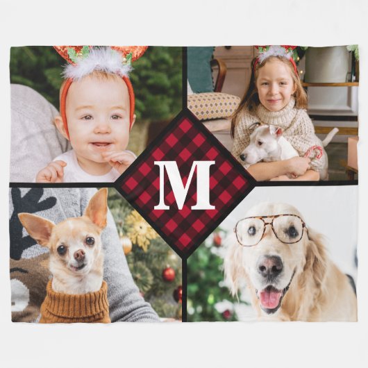 Aangepast 4 fotocollage rood speldenmonogram fleece deken (Voorkant (Horizontaal))