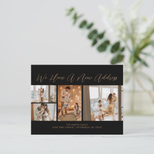 Aangepast 4 foto's Gold Black Casual script verpla Briefkaart (Staand voorkant)