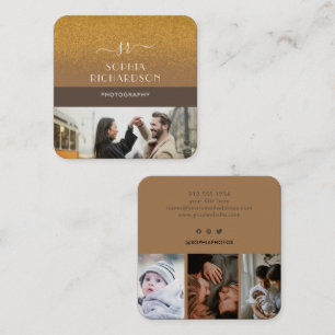 Aangepast 4 foto's Gold Glitter Monogram Brown Vierkante Visitekaartje