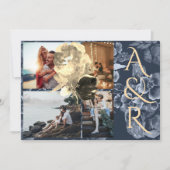 Aangepast 4 Foto's Navy Blue Golden Floral Wedding Kaart (Voorkant)